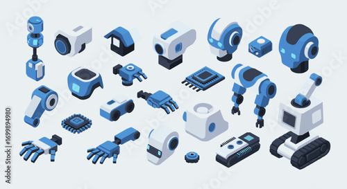 Futuristic robotic components in isometric style for technological innovation