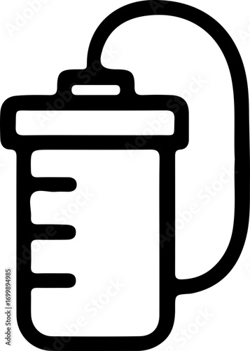 Line art icon of a sports water bottle with a tube and measurement markings, representing hydration and fitness.