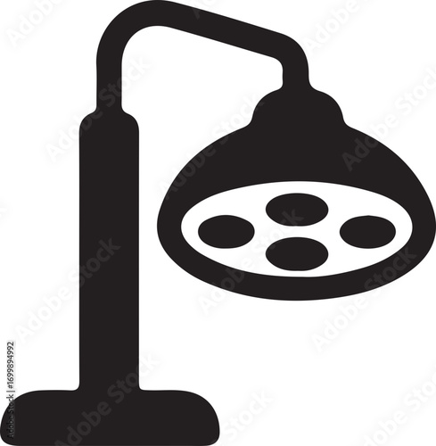 Black silhouette icon of a surgical operating room light with multiple bulbs on a stand, used in medical procedures.
