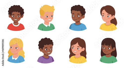 Smiling cartoon kids characters in colorful attire on white background