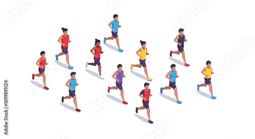 Isometric group of joggers in colorful sportswear on white background