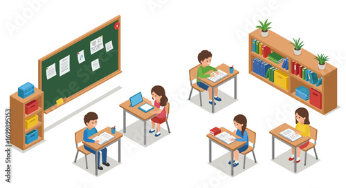 Isometric classroom scene with students studying and blackboard