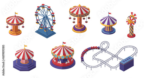Isometric amusement park rides with ferris wheel, carousel, and roller coaster