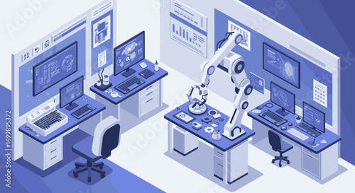 Futuristic robotics lab with advanced technology in isometric design