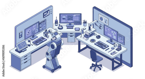 Modern isometric robotics research lab with high-tech equipment and computers