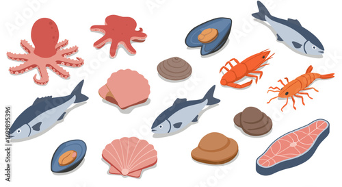 Fresh seafood collection with fish, shellfish, and crustaceans in flat design