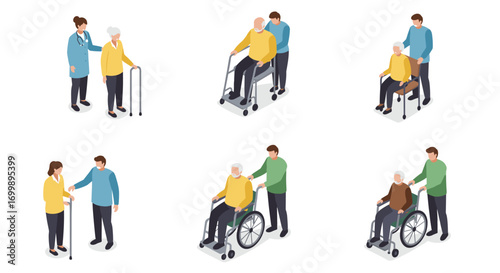Caregiver assisting elderly people: walking aid and wheelchair support in isometric style