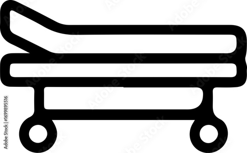 Black and white line art icon of a medical stretcher or gurney with wheels and an adjustable headrest.
