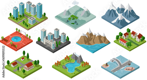 Isometric mini worlds: cityscapes, nature, mountains, and bridges