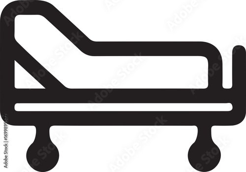 Black outline icon of a hospital bed or gurney with wheels, commonly used in medical facilities for patient care and transport.