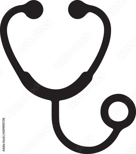 Black silhouette of a medical stethoscope, an essential tool for doctors and healthcare professionals to listen to internal body sounds.