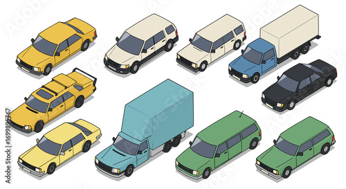 Isometric vintage car set with vans and trucks in various colors