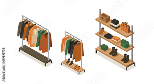 Isometric clothing display with racks, shelves, and fashion accessories