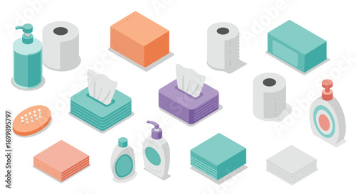 Isometric bathroom essentials collection featuring soap dispensers and tissue boxes