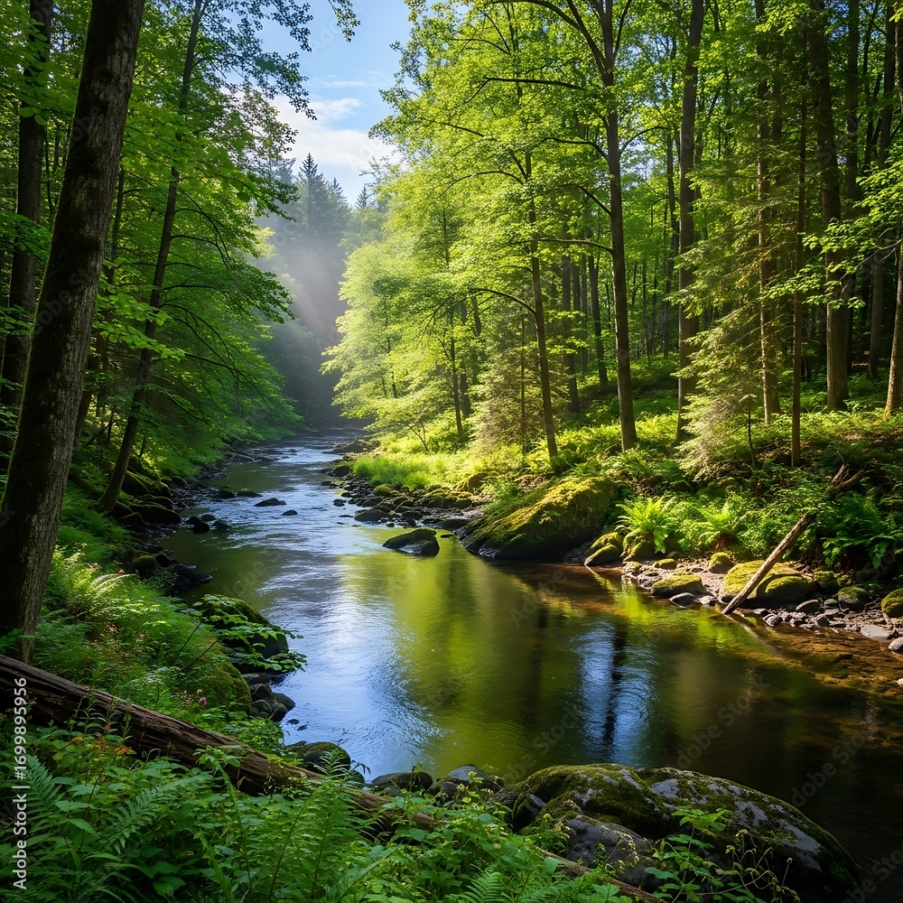 Obraz premium Serene Forest River Landscape.