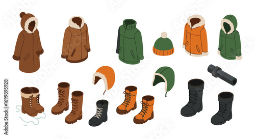 Warm winter gear collection featuring cozy coats, boots, and hats in isometric style