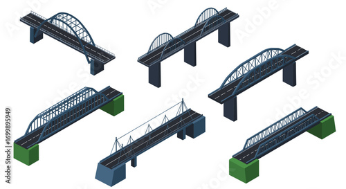 Isometric bridge collection: diverse designs of arched, truss, and suspension bridges