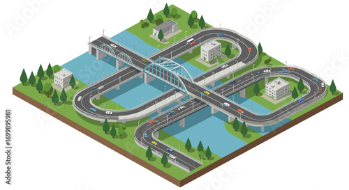 Isometric city highway interchange with bridges and green spaces in urban setting