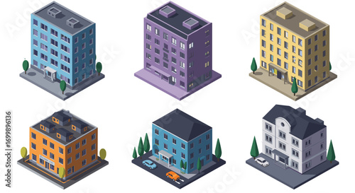 Isometric urban buildings set: colorful 3d architecture collection in modern cityscape design
