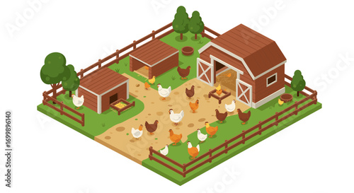 Isometric farmyard with chickens and barn in peaceful rural setting