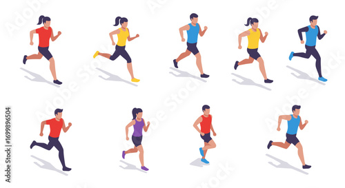 Dynamic running figures set in isometric style with diverse outfits and poses