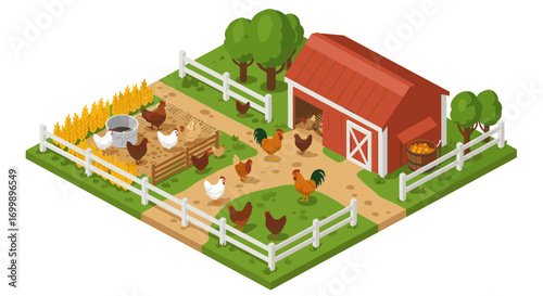 Charming rural farm scene with animals and crops in isometric style