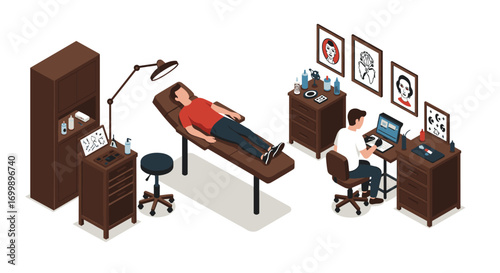 Tattoo studio scene with artist and client in isometric style