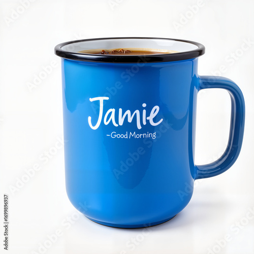 Blue enamel coffee mug with the name Jamie and greeting message  