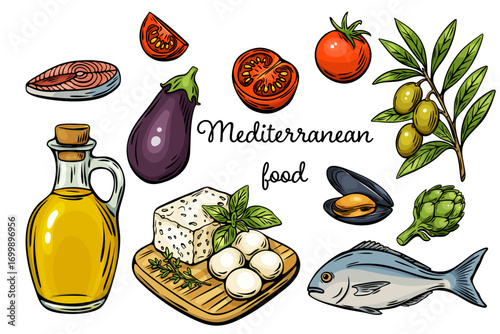 Mediterranean food engraving set with healthy ingredients