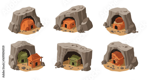 Various cave dwellings with stone entrances and earthy tones in a cartoon style