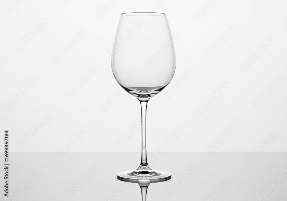 Fototapeta premium Elegant, empty wine glass with a long stem, reflecting on a glossy surface, isolated against a white background.