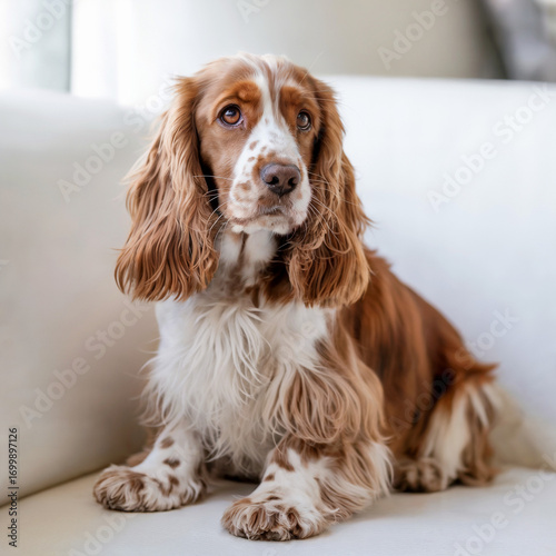 A cute isolated portrait of a black and white Cavalier King Charles Spaniel puppy