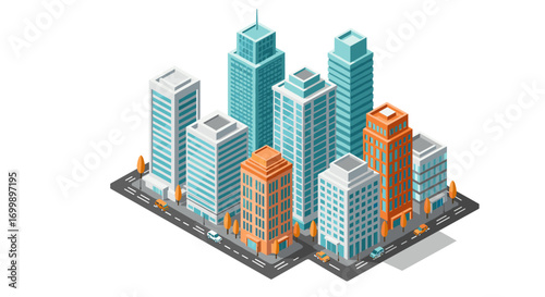 Modern isometric cityscape with skyscrapers and streets in autumn colors
