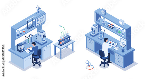 Scientists working in a modern isometric laboratory with advanced equipment and experiments