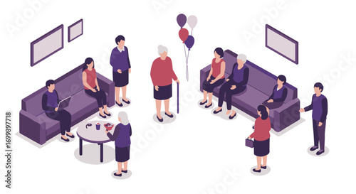 Isometric gathering of people in a living room setting with balloons and conversation