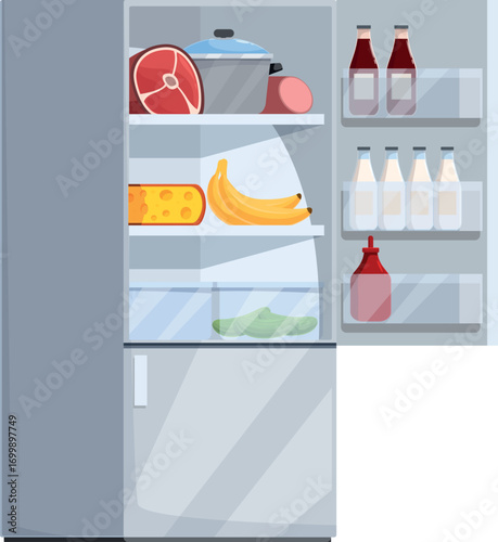 Open refrigerator is full of food, drinks, and leftovers, showcasing a well stocked kitchen appliance