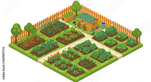 Isometric community garden with vegetables, shed, and fenced pathways
