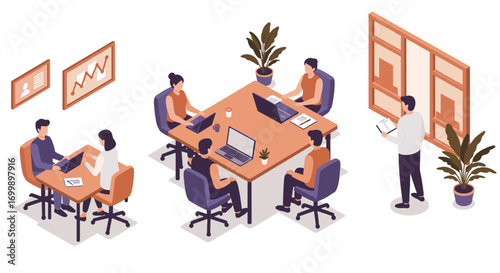 Isometric office workspace with team collaboration and modern decor