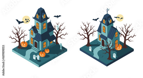 Spooky haunted houses with pumpkins and ghosts in isometric design for halloween