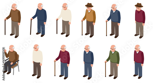 Elderly men in various outfits and poses with walking sticks isometric set