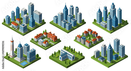 Isometric cityscapes collection featuring diverse urban structures and green spaces