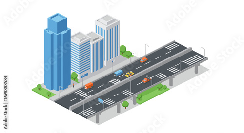 Isometric urban cityscape with high-rise buildings and elevated road