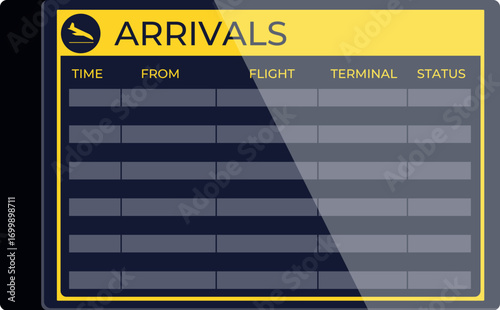 Airport arrivals board displaying real time flight data, including time, origin, flight number, terminal, and status updates