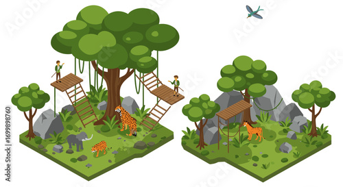 Isometric jungle adventure with wildlife and explorers in dense forest