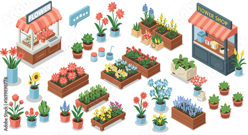 Charming isometric flower market with colorful blooms and garden displays