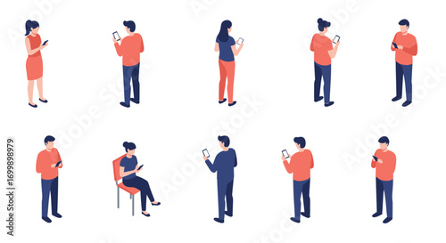 Isometric people engaged with smartphones in various casual poses