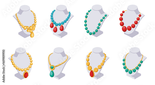 Elegant necklace display collection featuring gemstones and beads