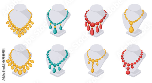 Isometric display of gemstone necklaces on busts