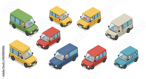 Diverse colorful cars in isometric view with cartoon drivers