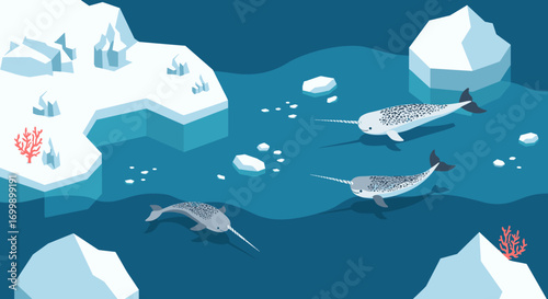 Isometric arctic scene with narwhals and icebergs in a tranquil winter landscape